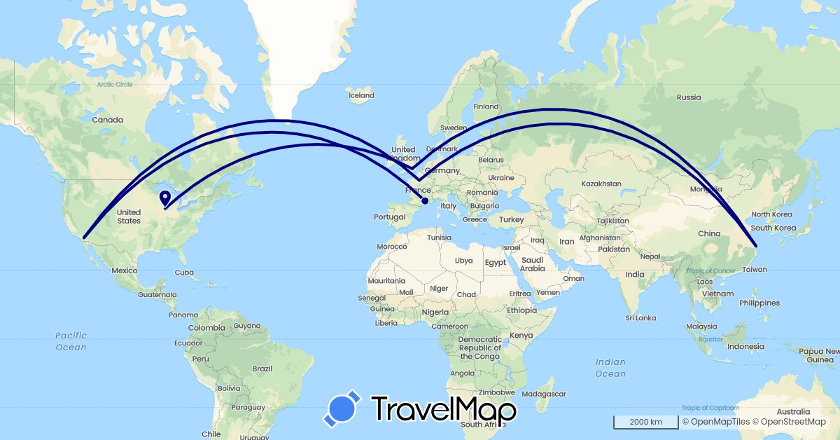 TravelMap itinerary: driving in China, France, United Kingdom, United States (Asia, Europe, North America)